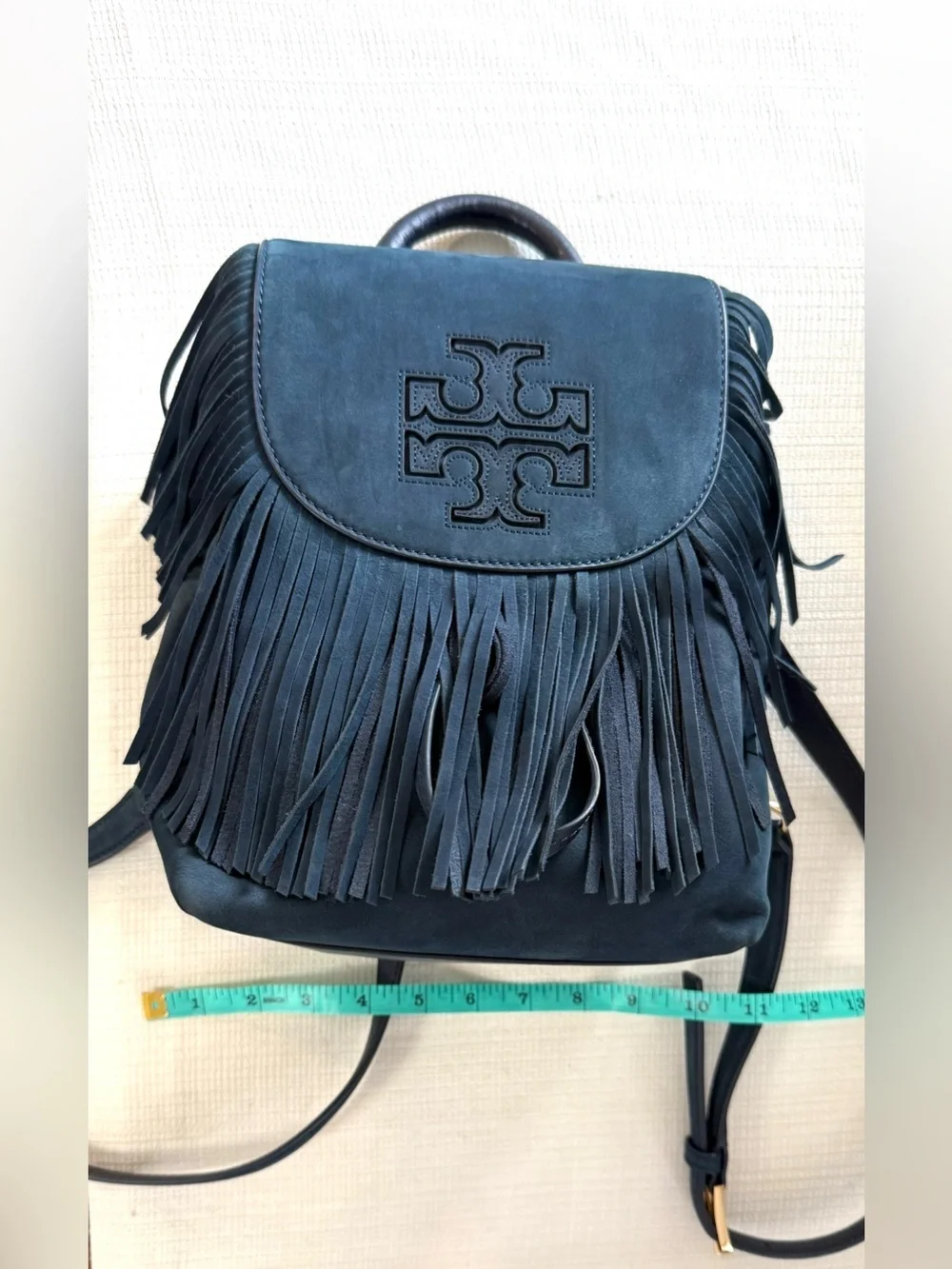 Tory Burch Harper Fringe Suede Backpack in Navy Blue
